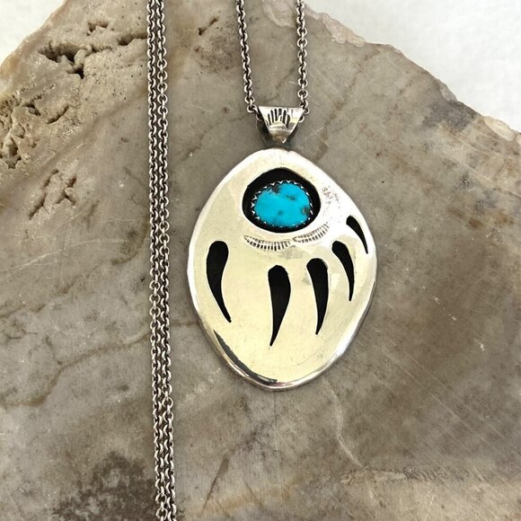 VTG Sterling Silver 925 Southwest Bear Pawn Shadowbox Turquoise Pendant Necklace - Picture 1 of 16